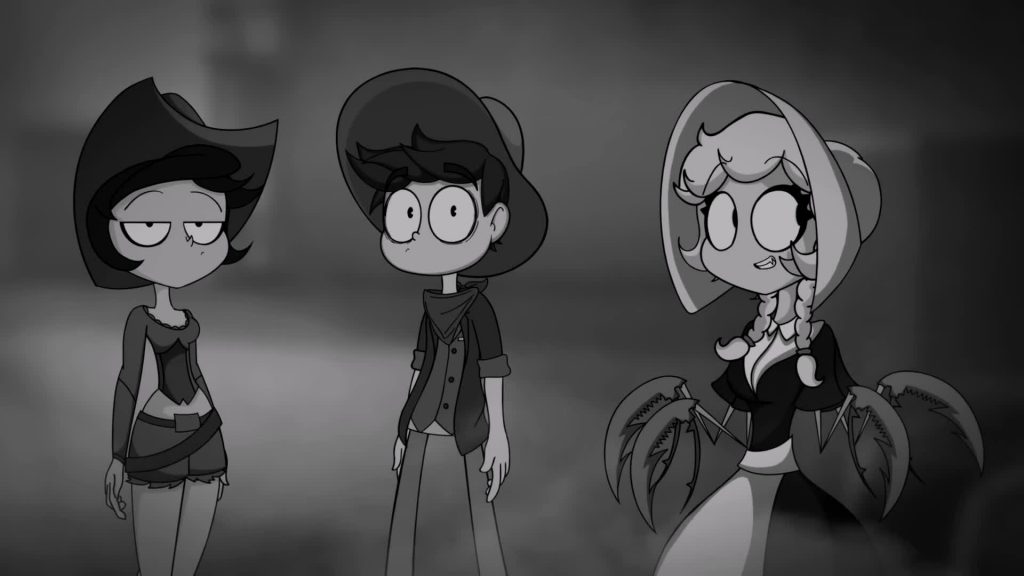Jo, Waylon and Cordie in grayscale In a grayscale CliffSide scene, Jo Constance, Waylon and Cordie stand side by side, each reacting differently to something off-screen.