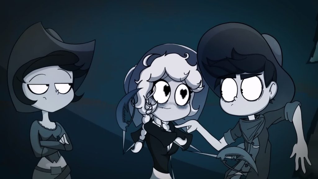 Waylon teasing Cordie while Jo watches At night in CliffSide, Jo Constance folds her arms while Cordie blushes with heart-shaped eyes and Waylon leans toward her, pointing and staring.