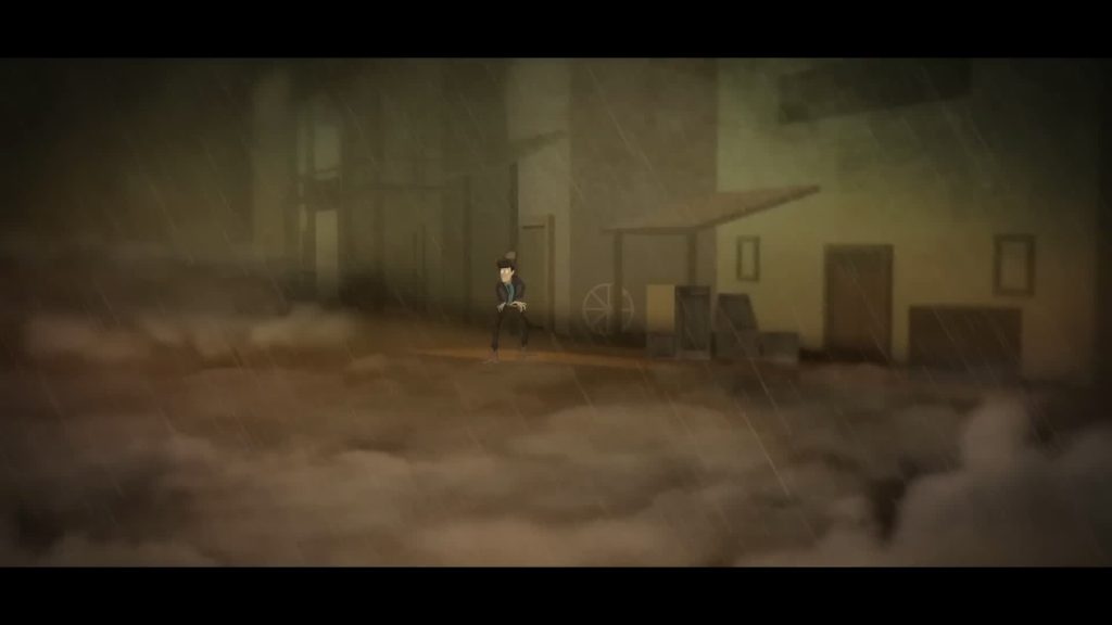 Waylon stands outside a building as dust and rain swirl across the deserted street of CliffSide.