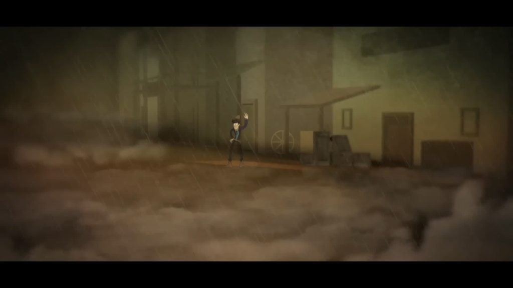Waylon begins to raise his arm while dust and rain whip through the streets of CliffSide.