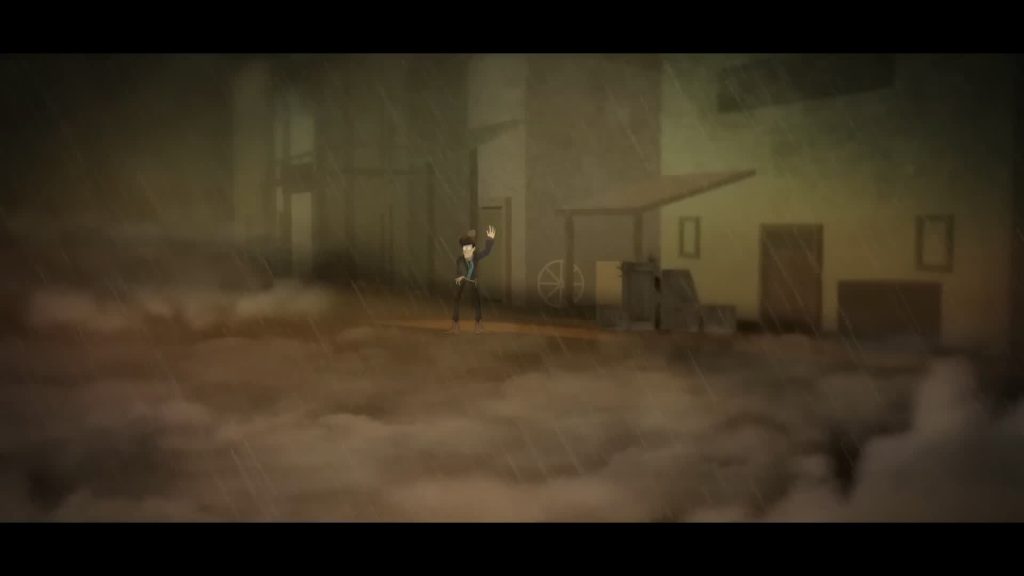 Waylon waves into the thick dust and rain on the empty street of CliffSide.