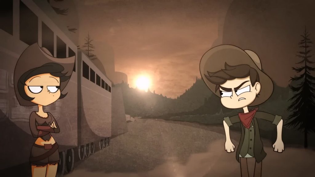 Jo and Waylon at sunset in CliffSide Jo Constance stands with folded arms by a stopped train wagon at sunset while Waylon glares at her on a dusty CliffSide road.