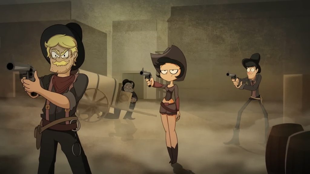 Promotional frame from CliffSide, a monster-filled frontier cartoon following characters like Waylon, Cordie, Jo Constance and Death.