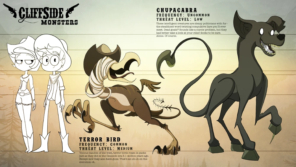 Terror Bird and Chupacabra in CliffSide Monsters CliffSide Monsters poster shows Terror Bird and Chupacabra standing side by side with two human character silhouettes and threat level text.