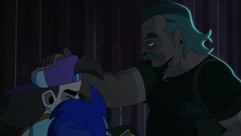 Sparky comforts Frankie with a hand on her head during a dark moment