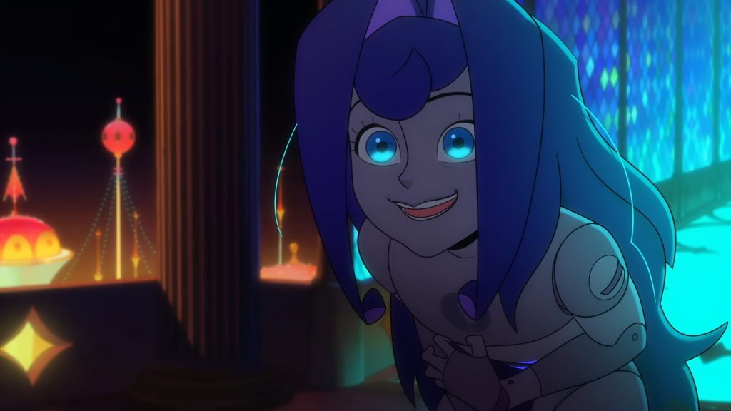 Princess smiles inside an illuminated palace hall.