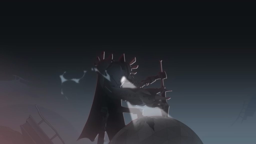 Sir Arthur (Sun Knight) stands atop a ruined dome in darkness