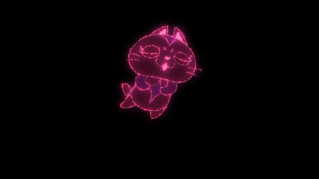 Catbot floats serenely as a pink hologram from Knights of Guinevere.