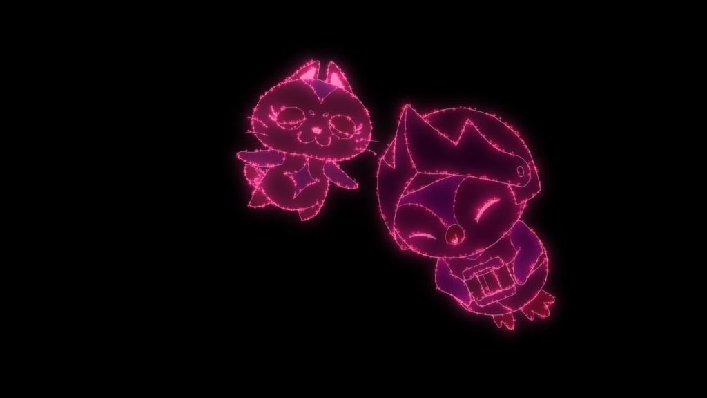 Catbot and Space Penguin (Pengu) as glowing pink holograms — Knights of Guinevere