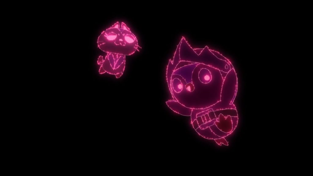 Space Penguin (Pengu) and Catbot glow as holographic projections — Knights of Guinevere