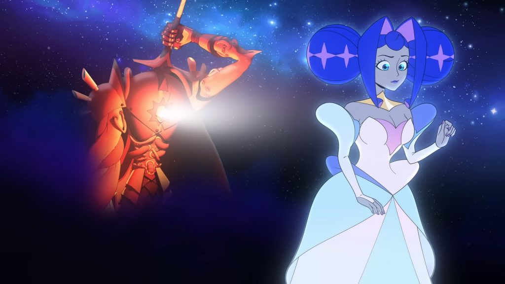 Guinevere faces the burning Sir Arthur under a cosmic sky