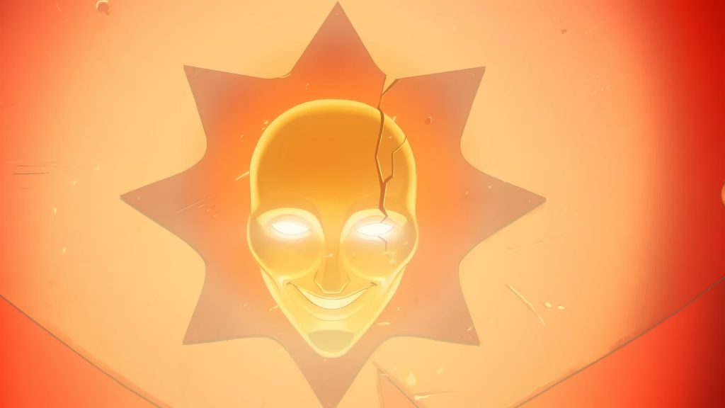 Sir Arthur’s cracked golden chest mask glows ominously