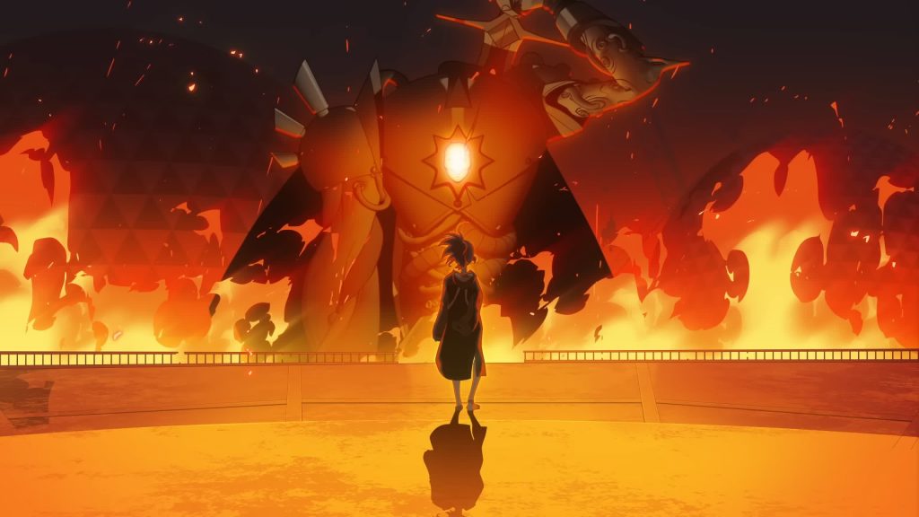 Guinevere stands before the colossal burning Sir Arthur
