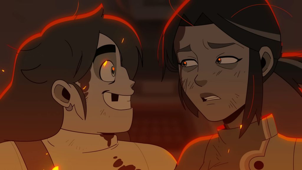 Smiling warmly at a worried Andi amid the glow of falling sparks.