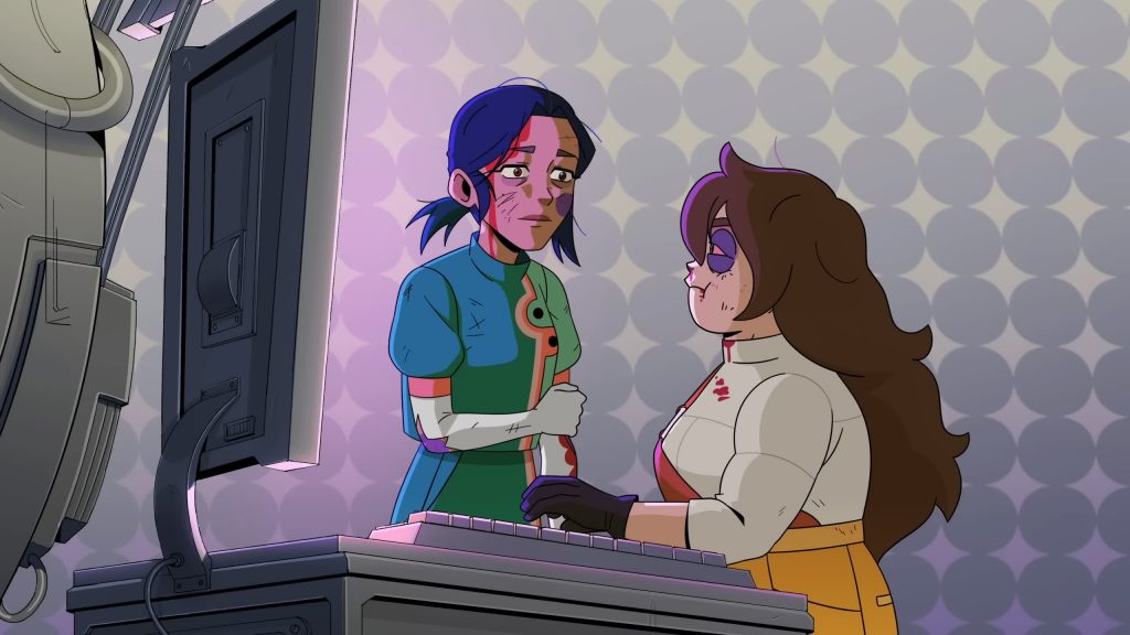 Andi at the console Standing beside a bruised park technician at a computer console.