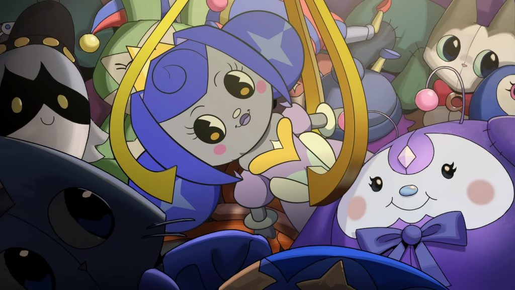 Branded doll lies among colorful plush toys.