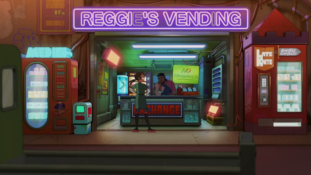 Andi stands outside Reggie's vending shop under a bright neon sign from Knights of Guinevere.