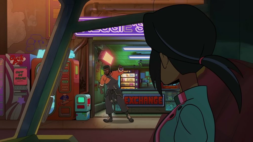 Andi looks back as Reggie throws an object outside his vending shop from Knights of Guinevere.