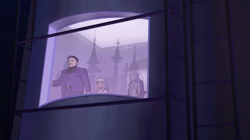 Orville Park stands by a window with Olivia Park and Guinevere observing the city.