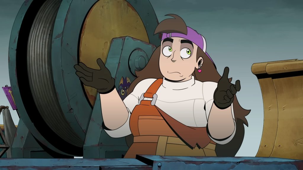 Shrugging beside heavy factory machinery.