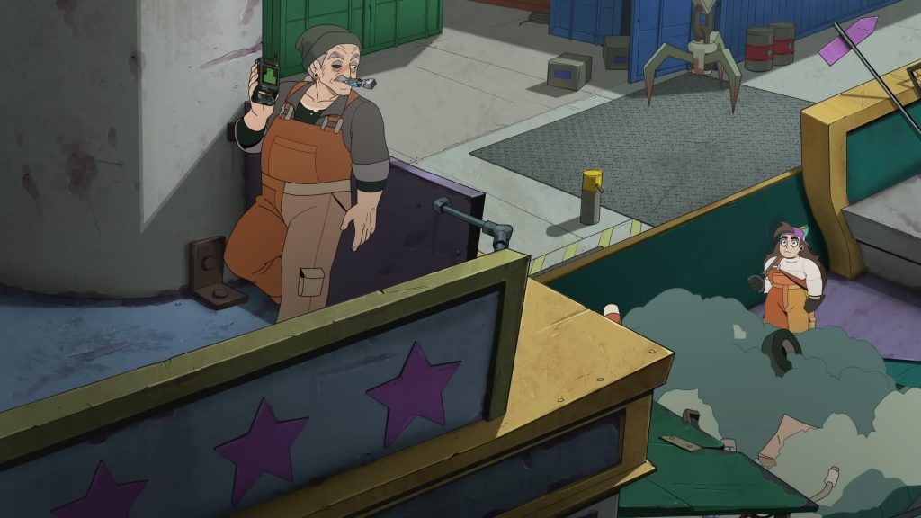 Sparky smokes and talks to Frankie near a scrapyard pit