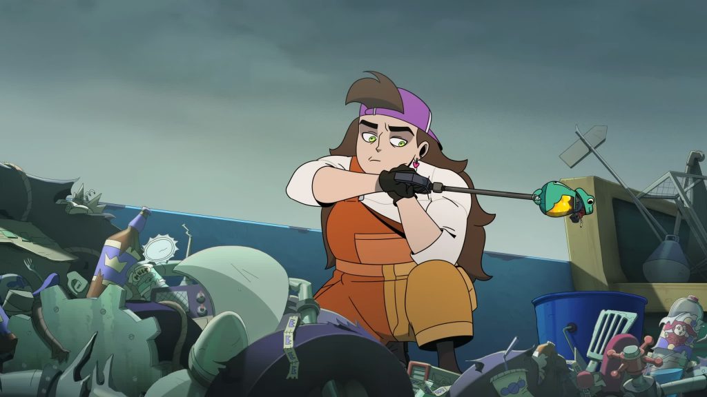 Searching through a scrapyard with a grabber tool lifting a broken robot.