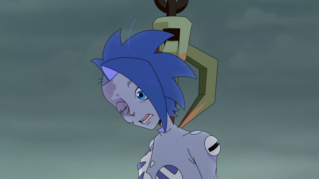 An android body hangs suspended by a hook in a workshop.