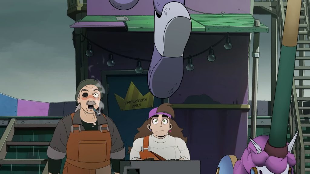 Sparky and Frankie startled as a giant foot lands above them