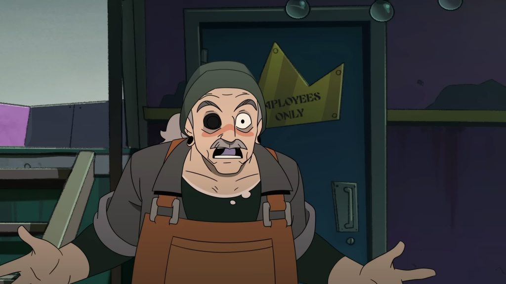 Sparky gestures angrily before an employees‑only door