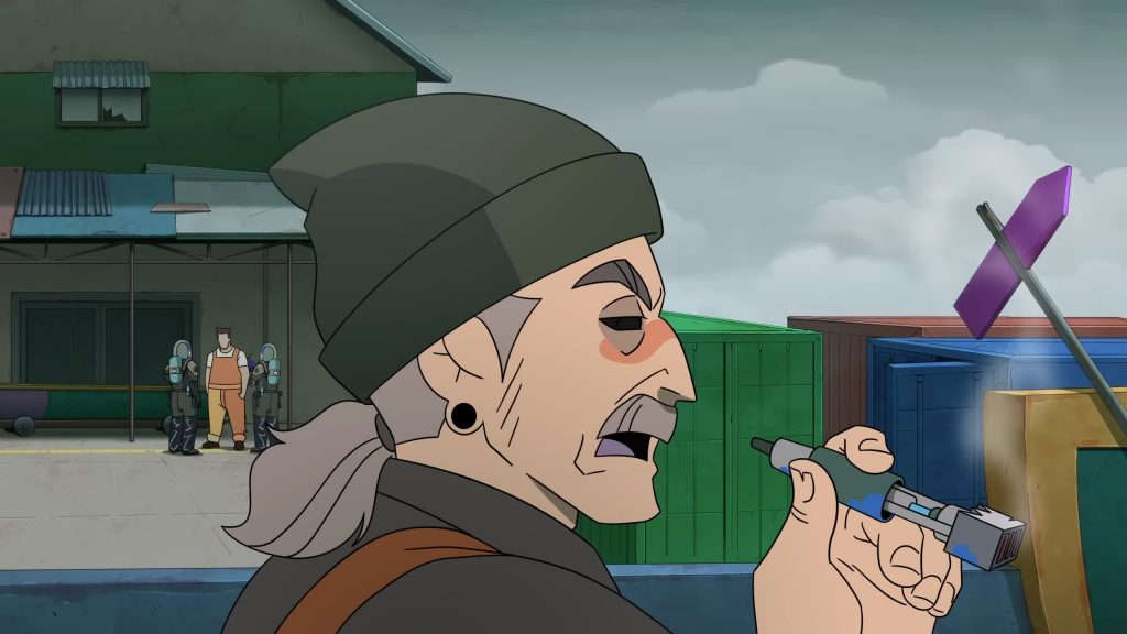 Sparky watches scrapyard operations while holding a smoking device