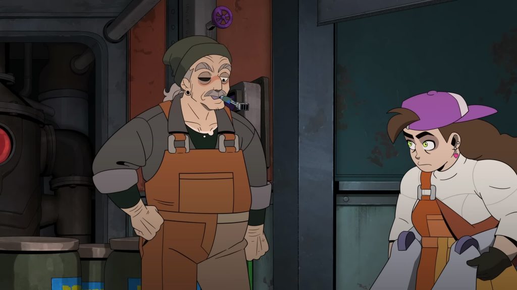 Sparky speaks sternly to Frankie inside the workshop