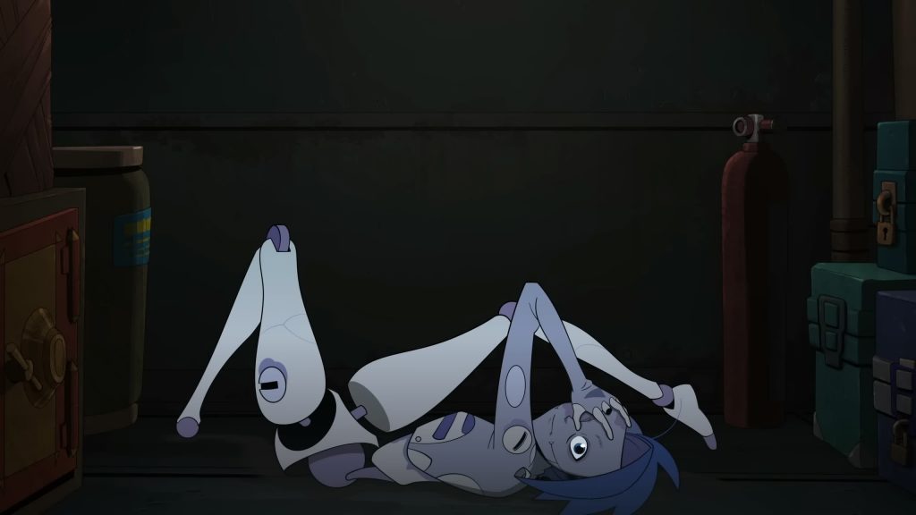 A dismantled android lies on a workshop floor.