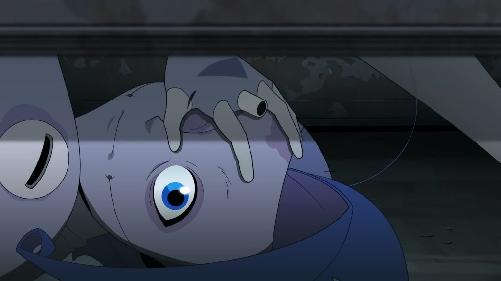 Close‑up of a bright eye beneath machinery.