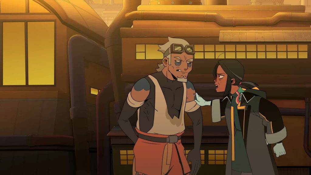Andi confronts Sparky Confrontation on a factory rooftop at sunset.