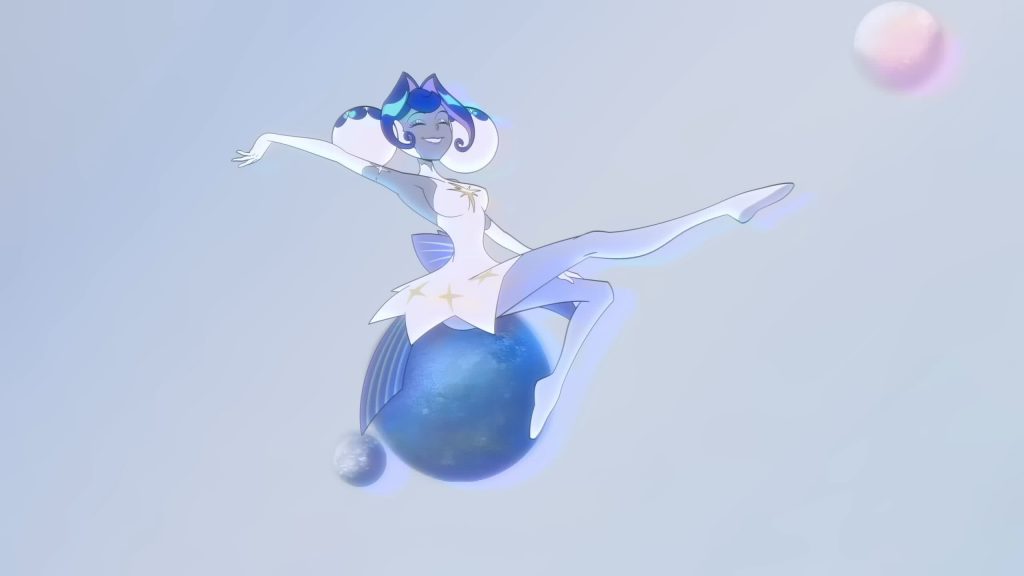 Mascot balances on a glowing planet surrounded by stars.