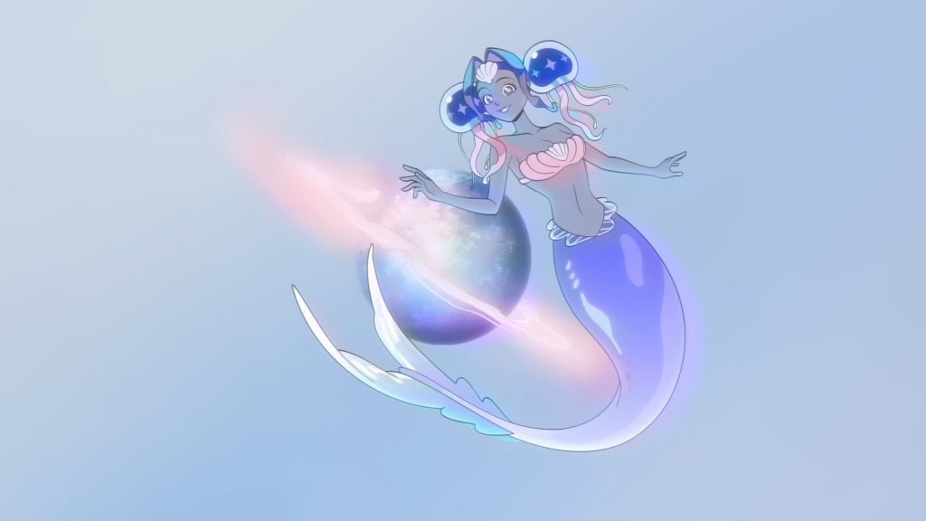Cosmic mermaid version of the mascot near glowing planets.