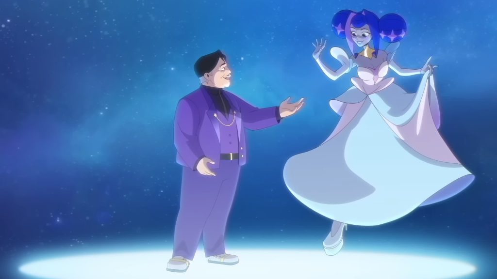Orville Park greets Space Princess Guinevere on a glowing stage.
