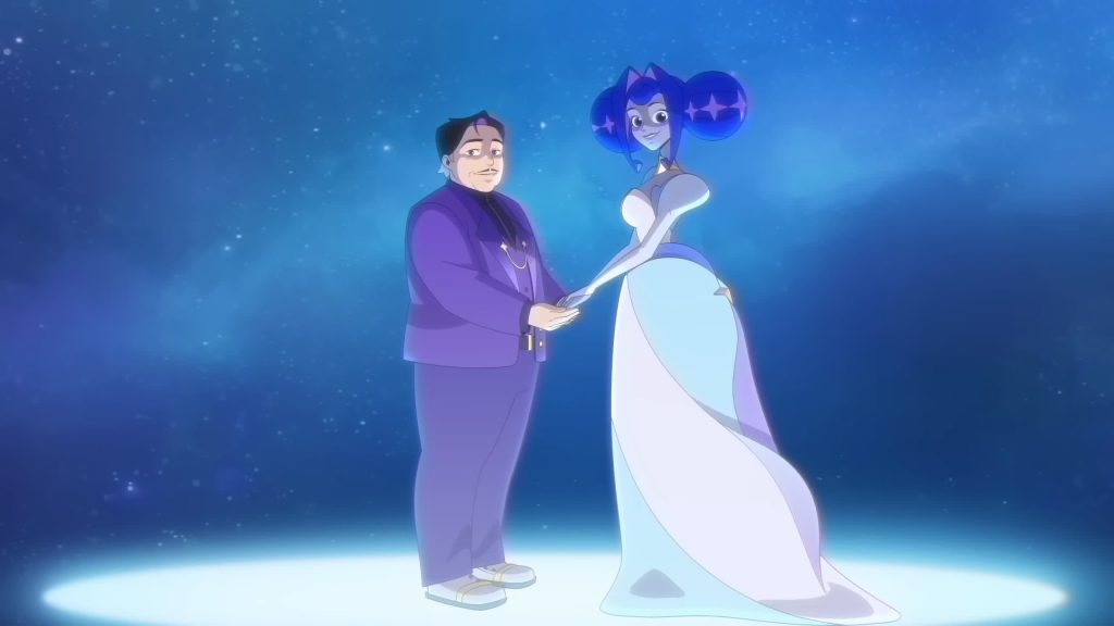 The founder holds hands with Space Princess Guinevere in a starry void.