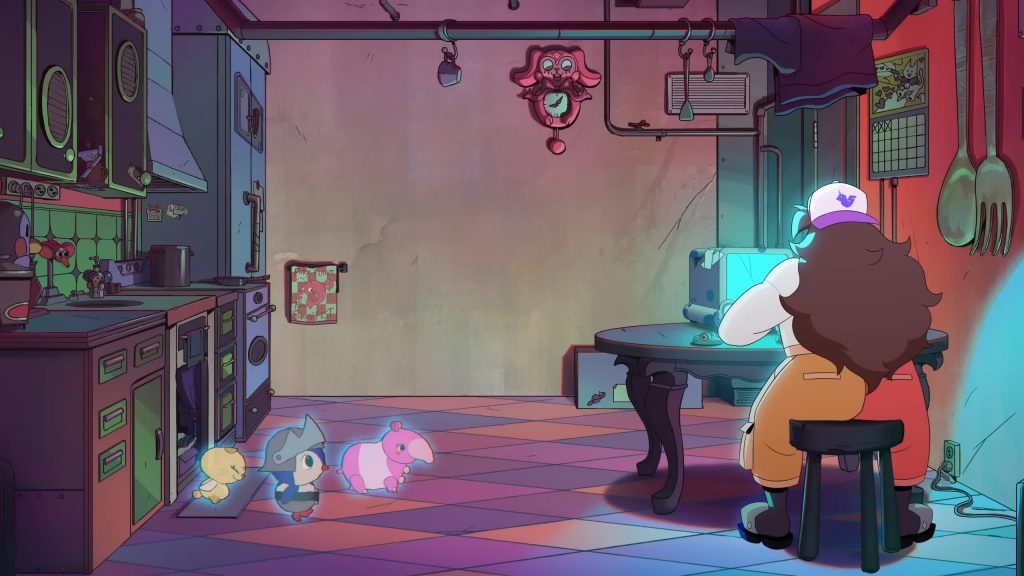 Frankie at the kitchen as Space Tapir, Space Penguin and Space Cat appear — Knights of Guinevere