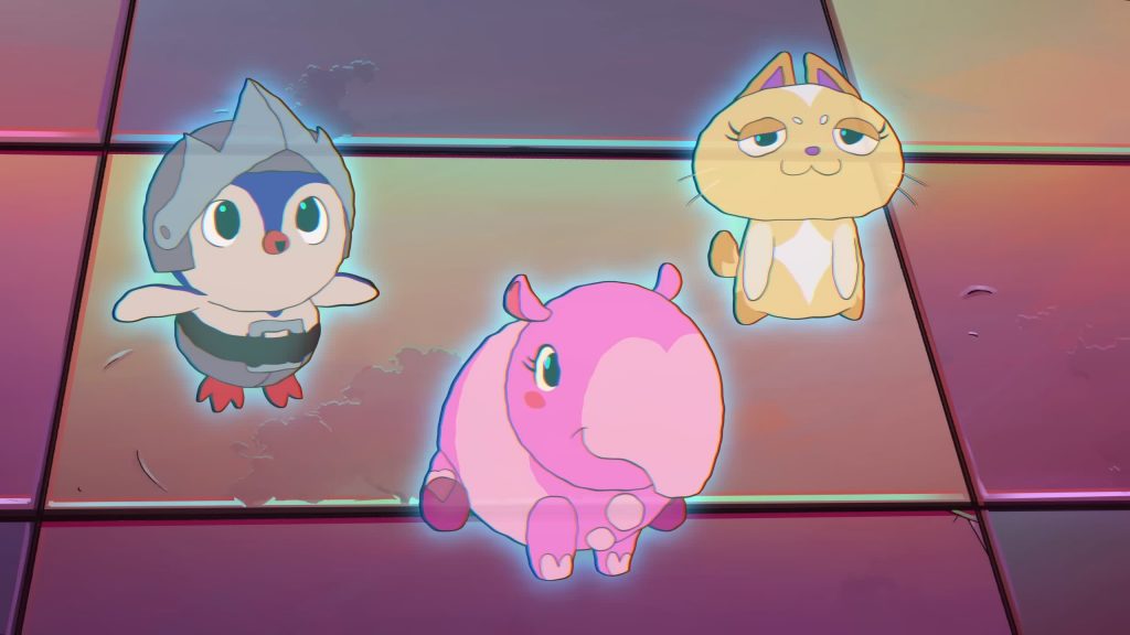 Space Penguin (Pengu), Puffpig (Space Tapir) and Catbot stand on a glowing floor — Knights of Guinevere