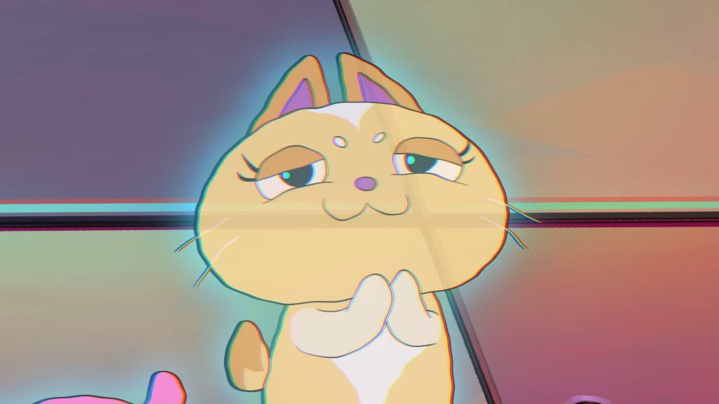Catbot smiles confidently with folded paws in Knights of Guinevere.