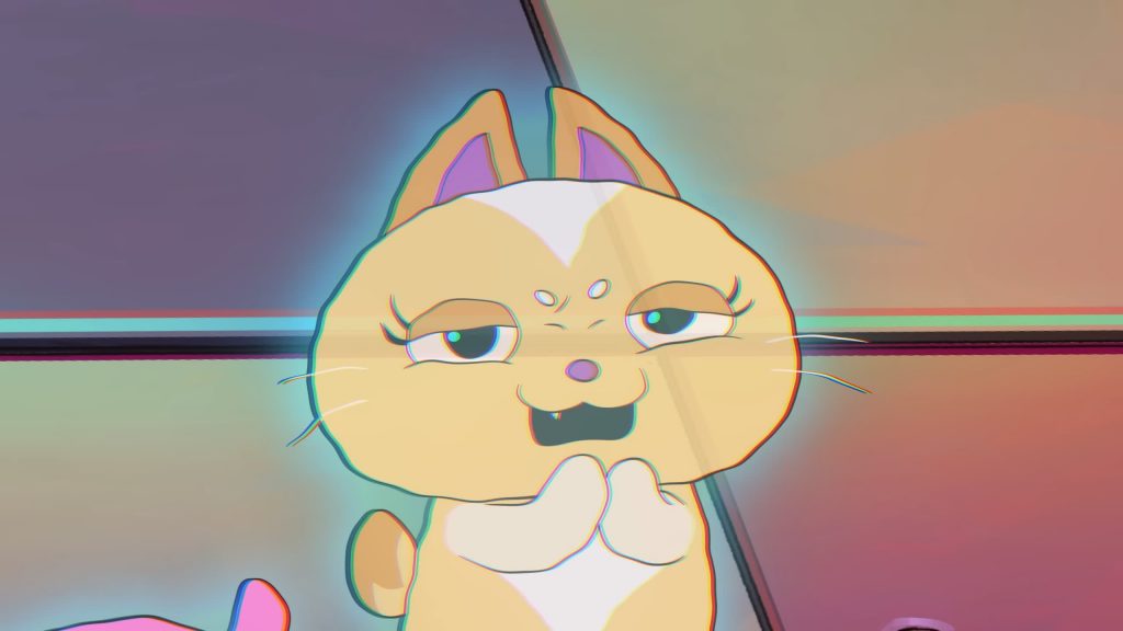 Catbot smirks while speaking with a sly expression in Knights of Guinevere.