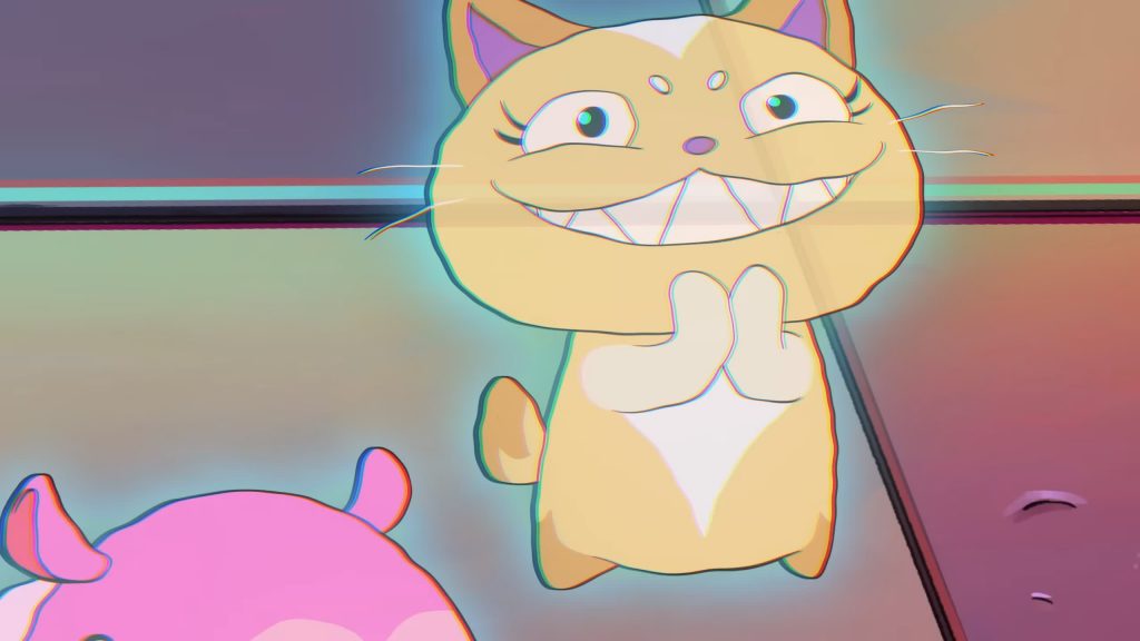 Catbot grins widely showing sharp teeth in Knights of Guinevere.