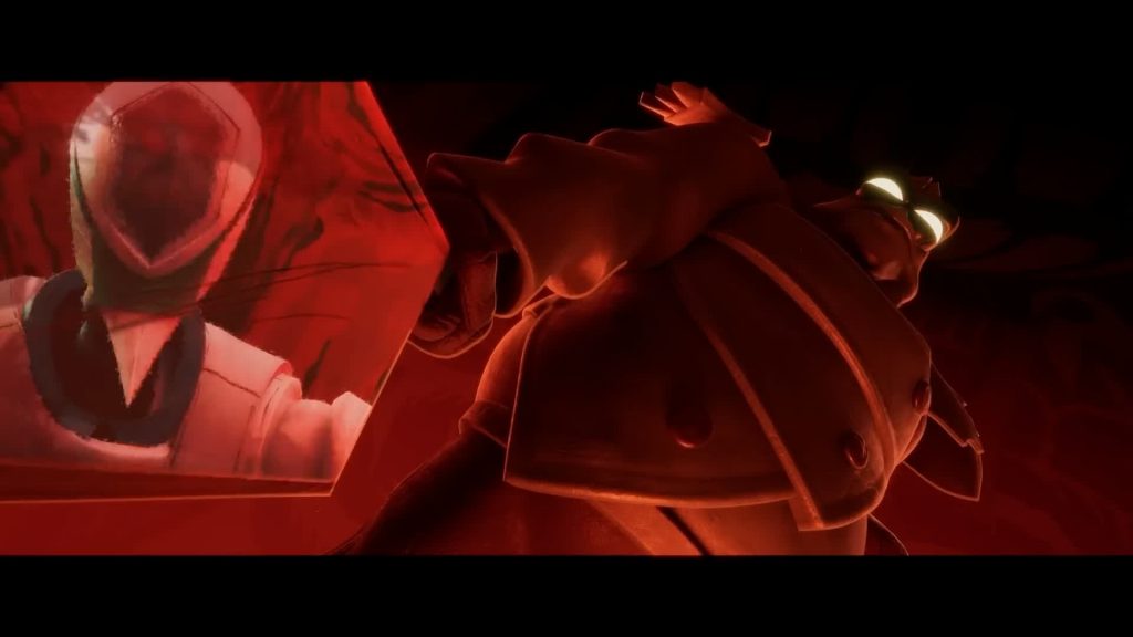 Ken and Diligence Ken the Butcher, Diligence — red-lit chamber with Ken viewed from below as Diligence appears on a screen — The Gaslight District