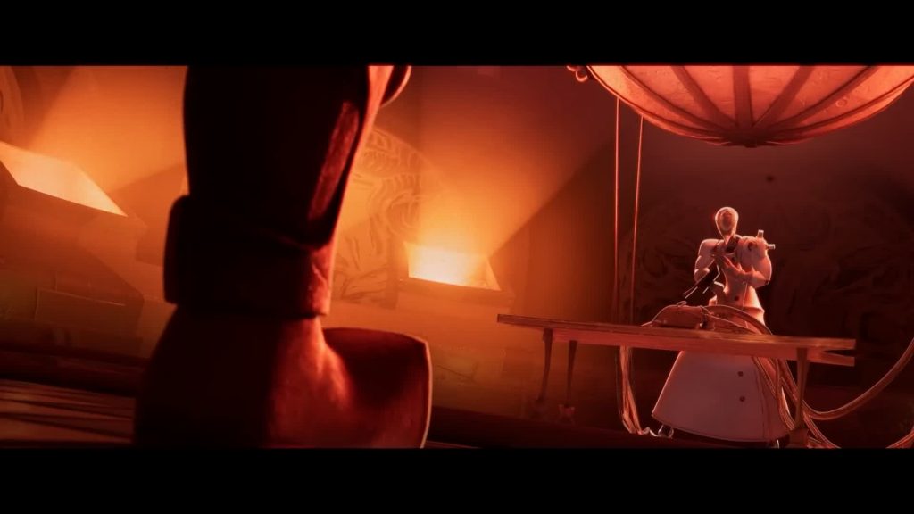 Ken faces Diligence Ken the Butcher, Diligence — Ken’s boots in foreground as Diligence stands at a surgical table under orange light — The Gaslight District