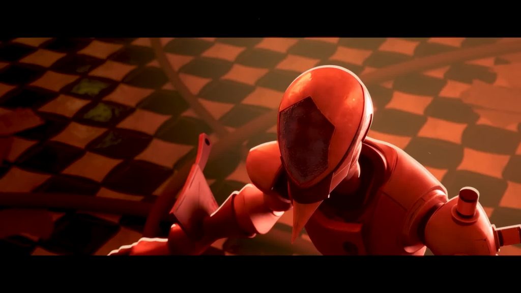 Diligence on the floor Diligence — masked figure in orange light kneels on checkered floor clutching weapon — The Gaslight District