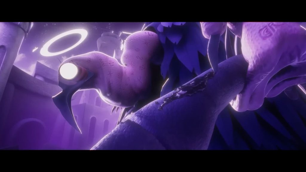 Angel Mother — close-up; vulture-like angel with glowing halo presses hooked talon into forearm — The Gaslight District