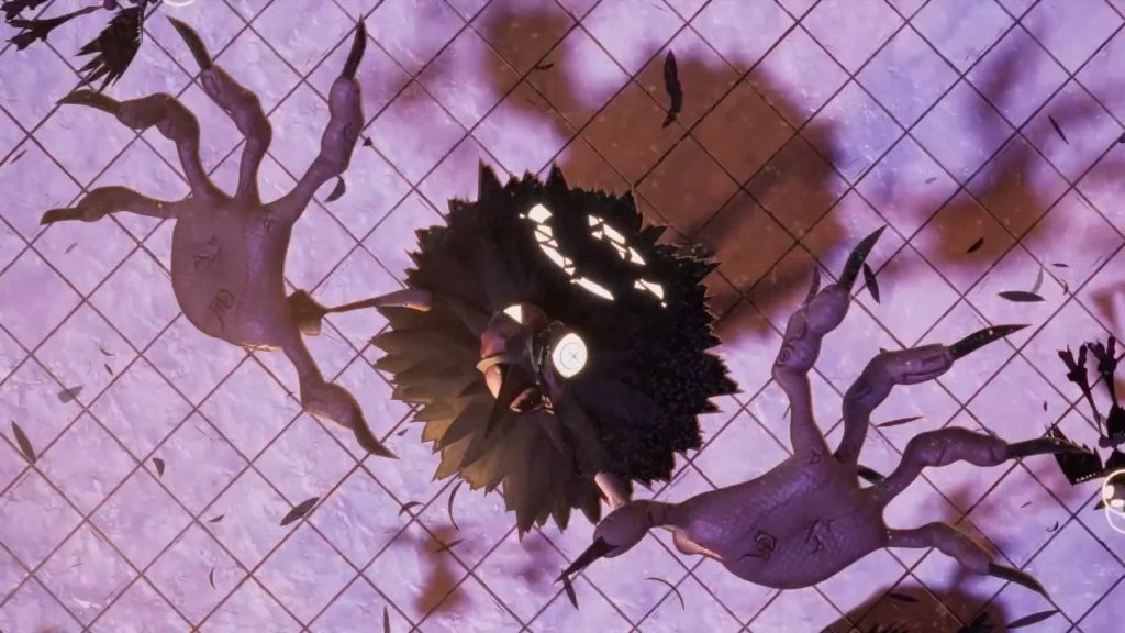 Angel Mother — overhead; angel spreads colossal clawed hands across a courtyard, feathers swirling — The Gaslight District