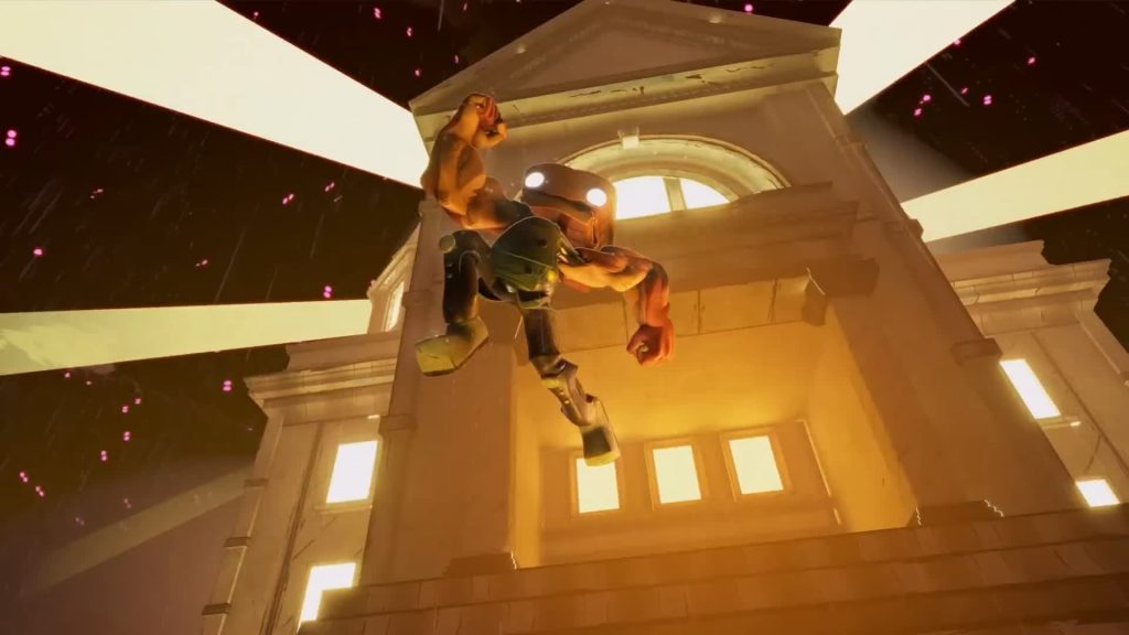 Breadhead leaps through the air before a glowing building during a storm