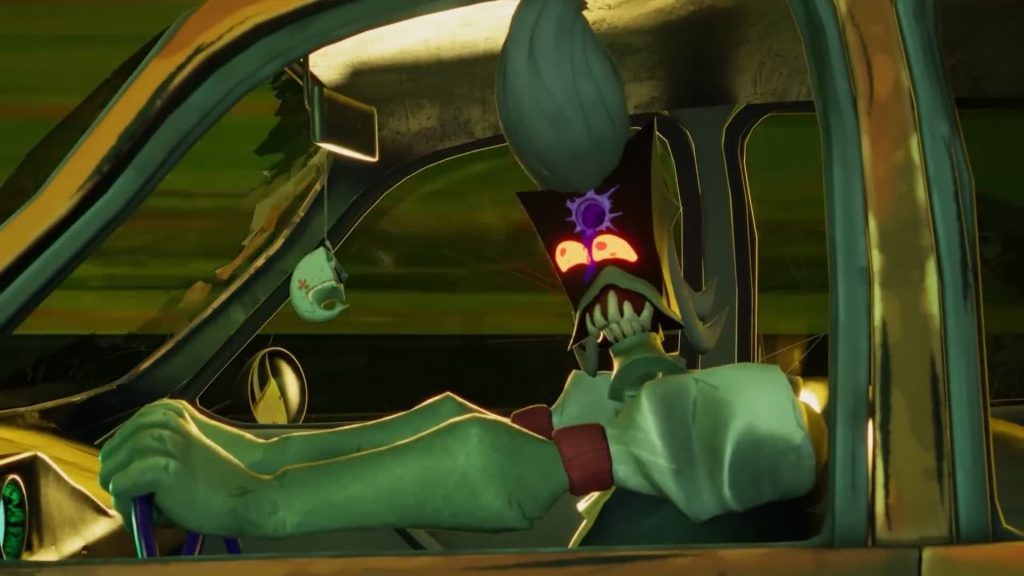 Mud — grim driver in a battered car grips the wheel, neon eyes blazing under a purple sigil — The Gaslight District